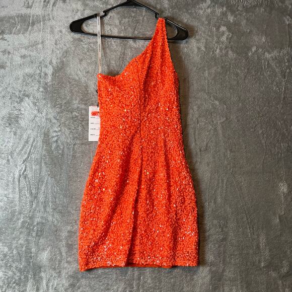 Amarra One Shoulder Sequined Dress Style 87439 Neon Orange Sz 4 New‎ - Picture 5 of 10